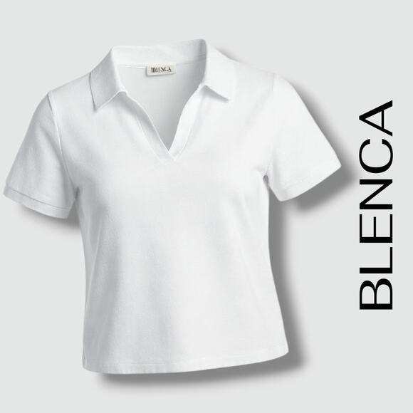 Blenca Women’s White Collared V-Neck Cropped Top Size Medium - Picture 4 of 5